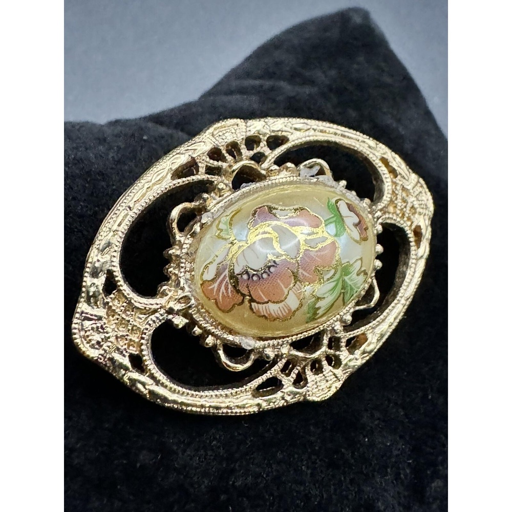 1928 Vintage Floral Cloisonne Cabochon Gold Tone Filigree Brooch‎ Pin Faux Pearl